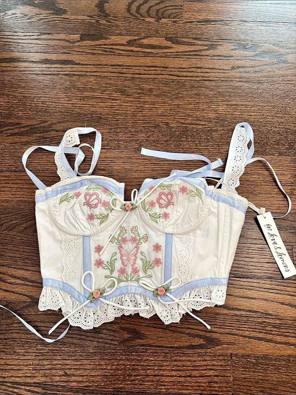 For Love & Lemons Butterfly Embroidered Corset Top Floral White & Blue